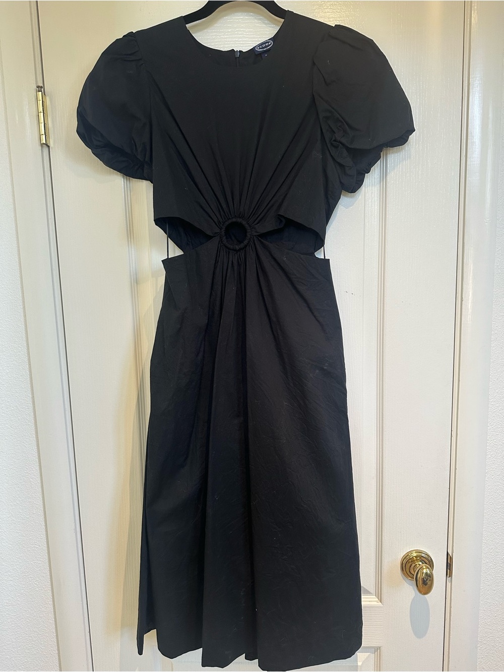 Black Puff-Sleeve Midi Dress with Front Ring Cutout